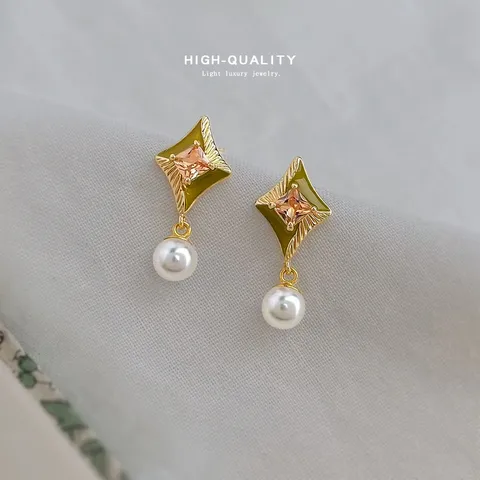 Pendientes de Diamante Esmaltado Con Circonia Y Perla Artificial para Mujer Joyas de Moda Chapadas en Oro Regalo Accesorios