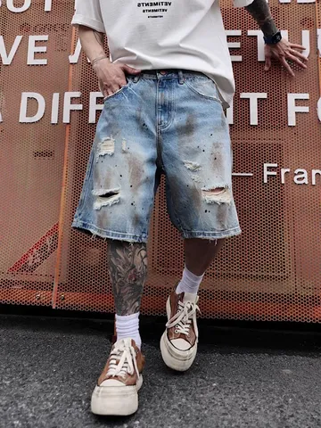 Short en Jean Vieilli pour Hommes avec Déchirures Taches de Peinture Hip Hop Streetwear Coton Coupe Large Sous le Genou