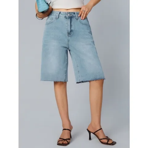 Damen Casual Denim Shorts Hohe Taille Offene Kante Sommer Shorts Baumwollmischung Basic Alltag