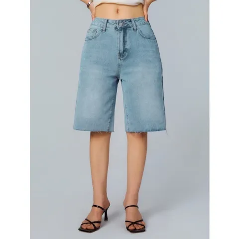 Damen Casual Denim Shorts Hohe Taille Offene Kante Sommer Shorts Baumwollmischung Basic Alltag