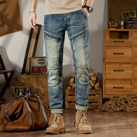 Pantalones Vaqueros Elásticos de Corte Slim Retro para Hombre Pantalones de Mezclilla Casuales de Motocicleta con Bolsillos de Cremallera