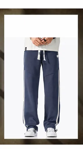 Men's Casual Loose Straight Leg Sweatpants Winter Thickened Cupro Jogger Pants With Side Stripes