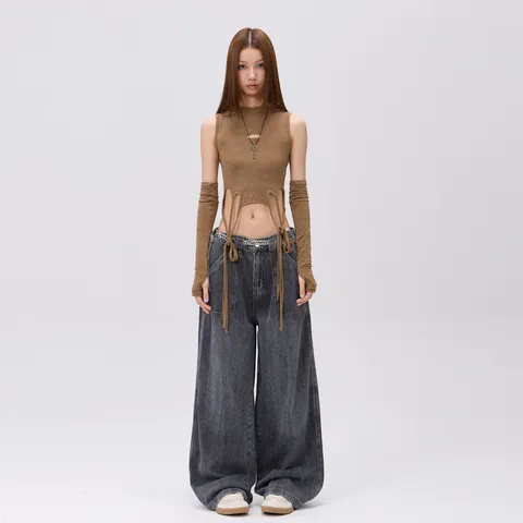 Damen Casual Lockere Passform Gerade Weite Hose Denim Pants Distressed Gewaschen Baumwolle Lange Jeans Streetwear Mode
