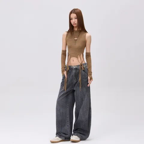Damen Casual Lockere Passform Gerade Weite Hose Denim Pants Distressed Gewaschen Baumwolle Lange Jeans Streetwear Mode