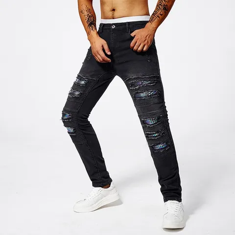 Heren Slim Fit Distressed Jeans Stretch Denim Broek Casual Stedelijke Mode Patchwork Lange Broek Voor Mannen