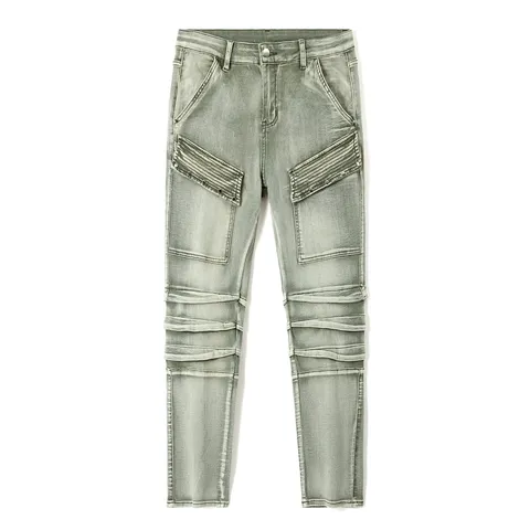 Men Slim Fit Stretch Biker Jeans Vintage Distressed Patchwork Denim Pants Casual Streetwear Hip Hop Skinny Trousers