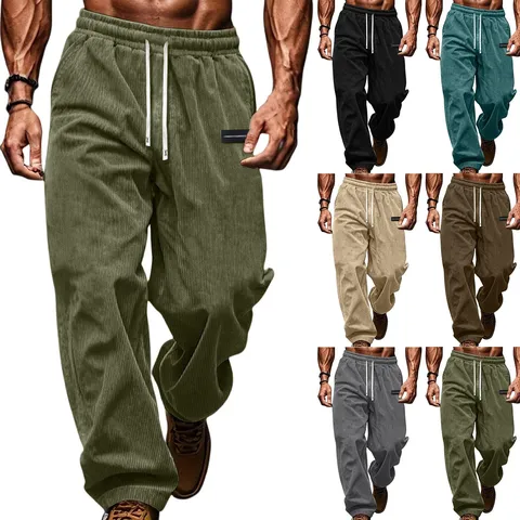 Men's Casual Corduroy Pants Loose Straight Leg Cuffed Sweatpants Drawstring Elastic Waist Thick Trousers Spring