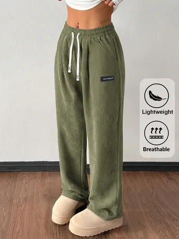 Men's Casual Corduroy Pants Loose Straight Leg Cuffed Sweatpants Drawstring Elastic Waist Thick Trousers Spring
