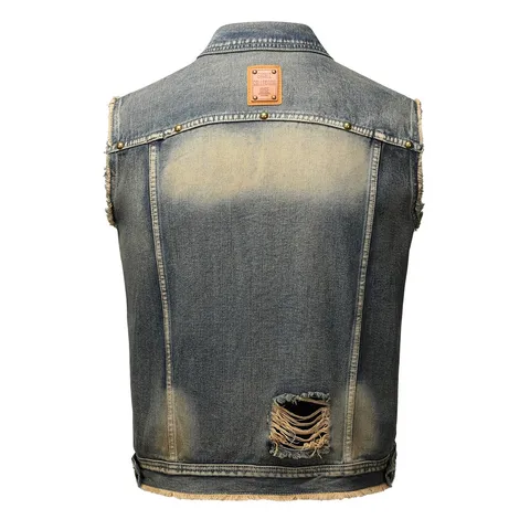 Men's Vintage Washed Denim Vest Casual Sleeveless Multi Pocket Cargo Waistcoat