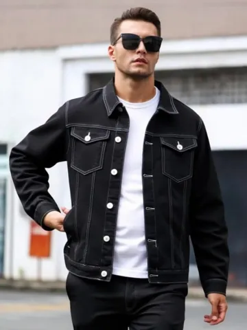 Herren Baumwolle Jeansjacke Umlegekragen Langarm Mehrfachtaschen Casual Amerikanischer Stil Oberbekleidung Kontrastnähte Streetwear Top