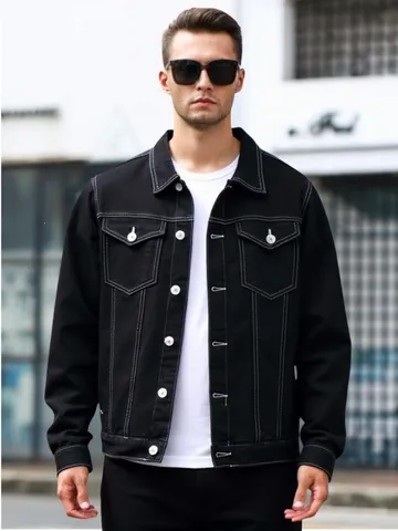 Herren Baumwolle Jeansjacke Umlegekragen Langarm Mehrfachtaschen Casual Amerikanischer Stil Oberbekleidung Kontrastnähte Streetwear Top