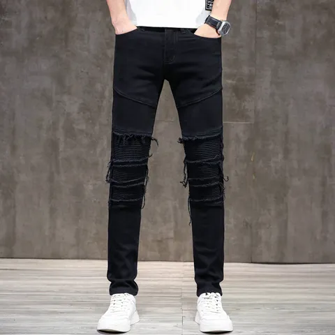 Herren Casual Slim Fit Gerade Jeans Amerikanischer Biker Stil Distressed Patchwork Stretch Denim Lange Hose