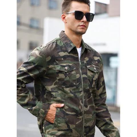 High Street Men Patchwork Camouflage Denim Jacket Outdoor Casual Zipper Coat Rabbit Hair Blend Fashion Streetwear Top