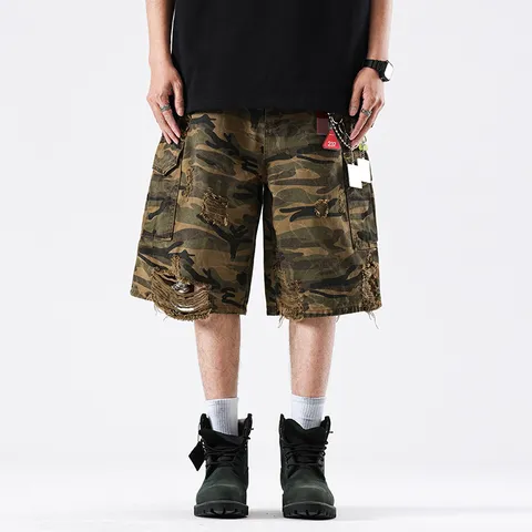 Men's American Retro Camouflage Cargo Shorts Heavyweight Washed Distressed Loose Wide Leg Multi-Pocket Streetwear Work Bottoms