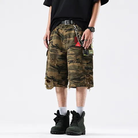 Men's American Retro Camouflage Cargo Shorts Heavyweight Washed Distressed Loose Wide Leg Multi-Pocket Streetwear Work Bottoms