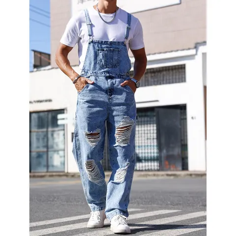 Salopette di Jeans Strappati Celeste da Uomo Streetwear Distressed Casual Tuta di Jeans Pantaloni da Uomo Moda Primavera