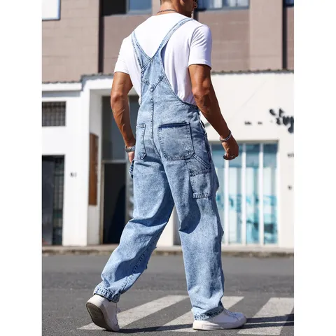 Salopette di Jeans Strappati Celeste da Uomo Streetwear Distressed Casual Tuta di Jeans Pantaloni da Uomo Moda Primavera