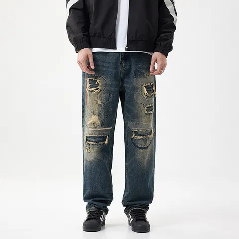 Ανδρικό Vintage Μπλε Distressed Patchwork Τζιν High Street Πλυμένο Σκισμένο Παντελόνι Denim για Άνοιξη Φθινόπωρο Casual Hip Hop Streetwear