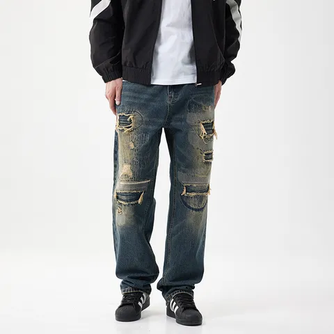 Ανδρικό Vintage Μπλε Distressed Patchwork Τζιν High Street Πλυμένο Σκισμένο Παντελόνι Denim για Άνοιξη Φθινόπωρο Casual Hip Hop Streetwear