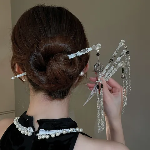 Palillo para el Cabello Estilo Chino Abanico Borla Resina Acrílico Mariposa Horquilla Accesorios Hanfu Mujer Joyería para el Cabello Hecha a Mano