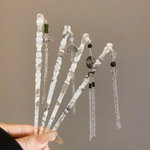 Palillo para el Cabello Estilo Chino Abanico Borla Resina Acrílico Mariposa Horquilla Accesorios Hanfu Mujer Joyería para el Cabello Hecha a Mano