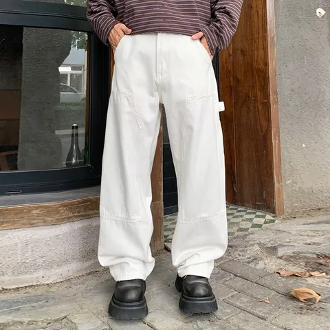 Mens American Vintage Loose Cargo Pants Casual Straight Wide Leg Long Trousers Streetwear Oversized Denim Pants