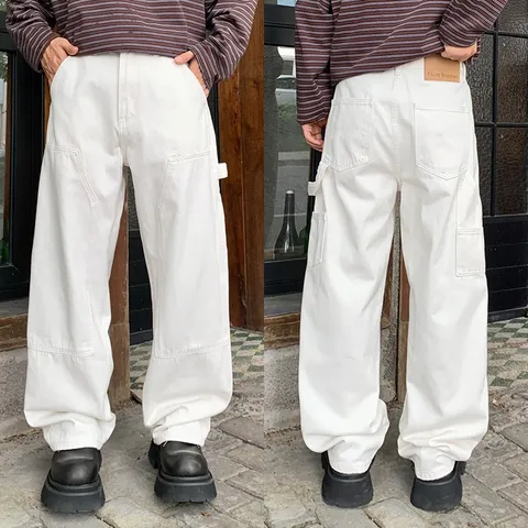 Mens American Vintage Loose Cargo Pants Casual Straight Wide Leg Long Trousers Streetwear Oversized Denim Pants