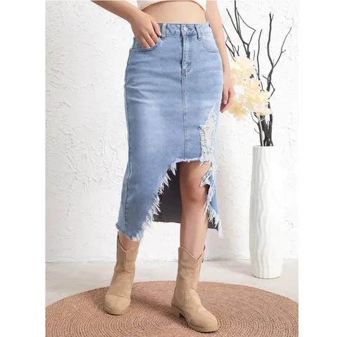 Women American Vintage Distressed Denim Skirt Ripped Irregular Slit Hem Midi Skirt Casual Cotton Blend Washed Blue Denim Bottom