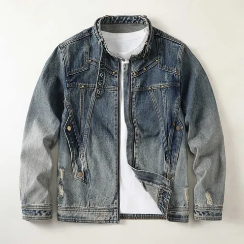 Herren Amerikanische Vintage Casual Denim Jacke Loose Fit Kapuze Reißverschluss Oberbekleidung Retro Blau Standard Fit Frühlingsmantel