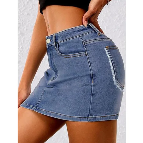 Women's High Waist Denim Skirt Casual Micro-Elastic Short Bodycon Denim Mini Skirt Frayed Raw Hem Summer Bottoms