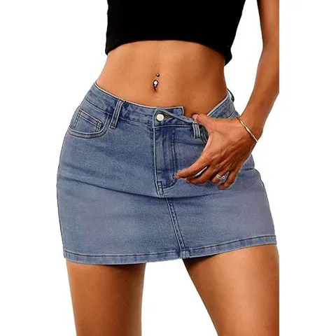 Women's High Waist Denim Skirt Casual Micro-Elastic Short Bodycon Denim Mini Skirt Frayed Raw Hem Summer Bottoms
