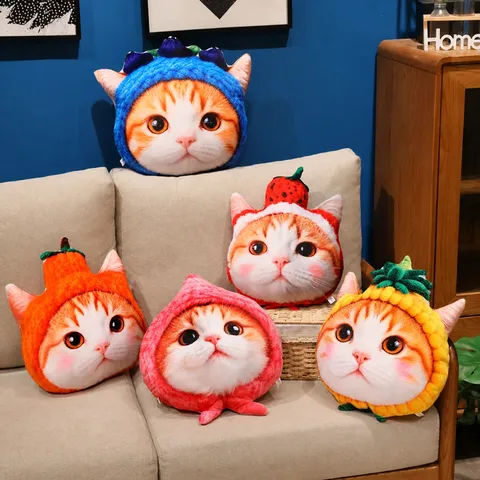 Simpatico Gatto Dei Cartoni Animati Cappello Di Frutta Cuscino Di Peluche Creativo Testa Di Animale Cuscino Imbottito Morbido Arredamento Casa Divano Letto Regalo Per Ragazze