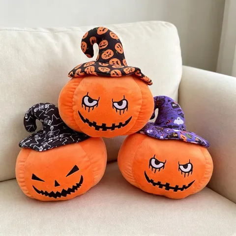 Jouet en Peluche Citrouille d'Halloween Mignon Drôle Oreiller Rembourré Avec Chapeau de Sorcière Déco Maison Coussin de Sofa Cadeau