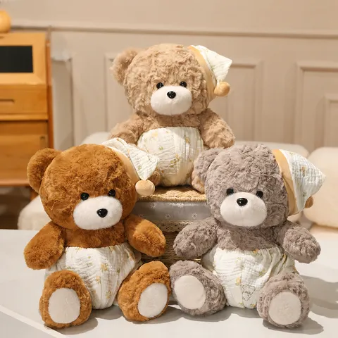 Cute Teddy Bear Plush Toy Stuffed Animal Soft Hugging Bear Doll with Sleep Cap and Shorts Birthday Gift