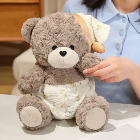Cute Teddy Bear Plush Toy Stuffed Animal Soft Hugging Bear Doll with Sleep Cap and Shorts Birthday Gift