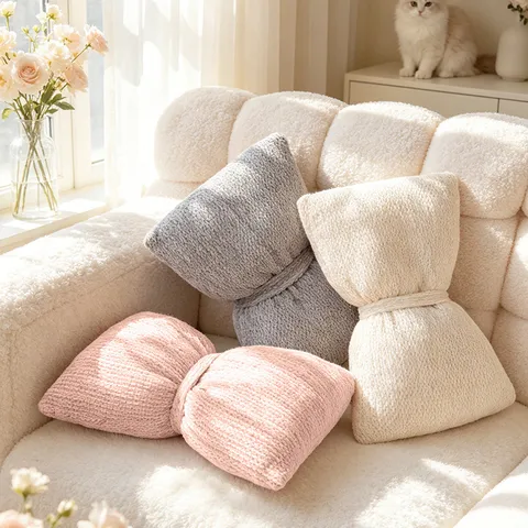 Cute Bowknot And Ball Plush Throw Pillow Minimalist Solid Color Cushion For Sofa Bed Living Room Home Decor