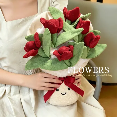 Poupée Bouquet de Roses Tulipes en Peluche Créatif Mignon Jouet Fleur Farcie Décoration Maison Cadeau Saint-Valentin Anniversaire