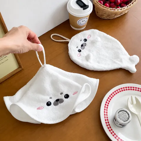 Cute Cartoon Seal Hanging Hand Towel Thickened Absorbent Quick Drying Soft Plush Microfiber Kitchen Bathroom Towel