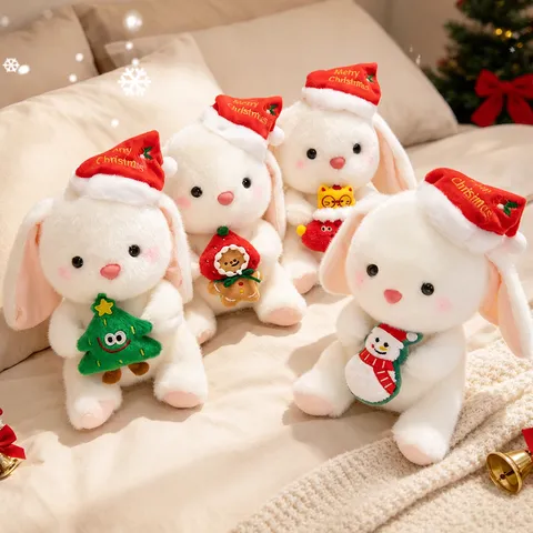 Christmas Bunny Plush Toy Stuffed Rabbit Doll With Santa Hat Holding Tree Festival Gift For Kids Girls Room Decor