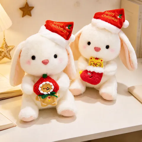 Christmas Bunny Plush Toy Stuffed Rabbit Doll With Santa Hat Holding Tree Festival Gift For Kids Girls Room Decor