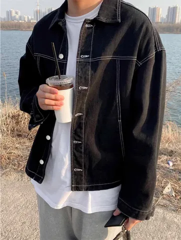 Herren Casual Baumwolle Jeansjacke Einfarbig Revers Einreiher Langarm Oberteil Amerikanisch Stil Mode Streetwear
