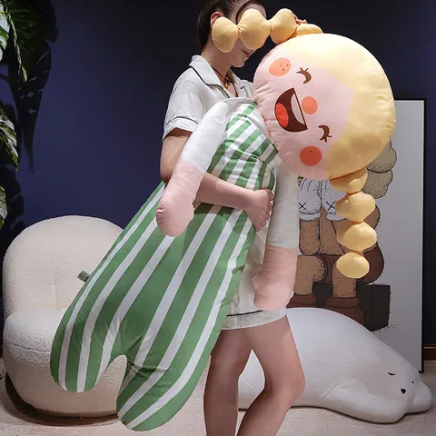 Cute Cartoon Girl Long Body Pillow Soft Plush Hugging Pillow Striped Sleeping Companion Pillow For Bed Room Home Decor
