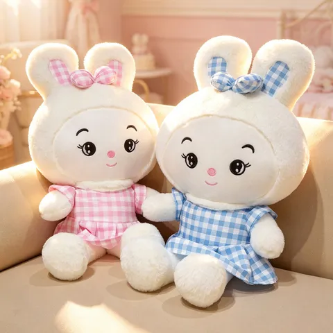 Simpatico Coniglio Peluche Animale Imbottito Bambola Cuscino Morbido Con Vestito a Quadri Giocattolo Coniglio Cartone Animato Regalo Di Compleanno
