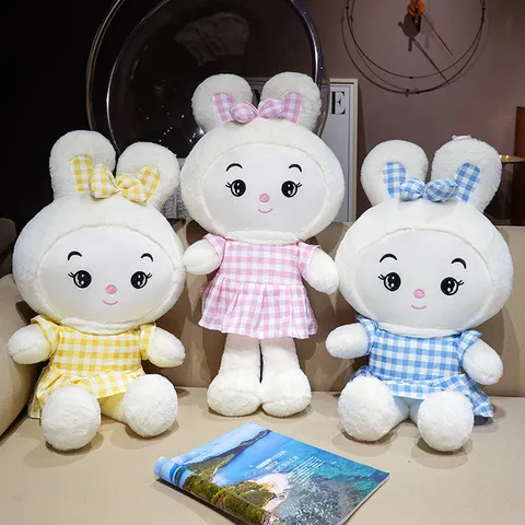 Simpatico Coniglio Peluche Animale Imbottito Bambola Cuscino Morbido Con Vestito a Quadri Giocattolo Coniglio Cartone Animato Regalo Di Compleanno