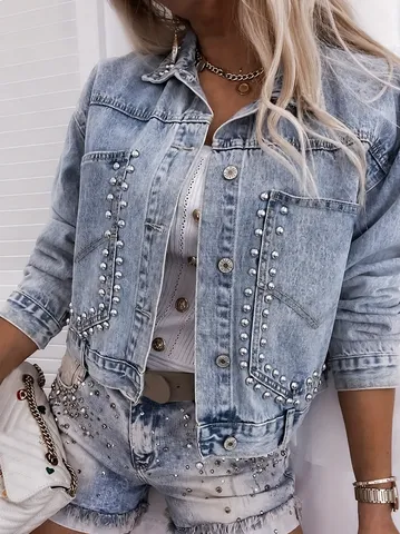 Damen Casual Denim Jacke Kurz Vintage Gewaschen Langarm Umlegekragen Metallnieten Streetstyle Oberbekleidung
