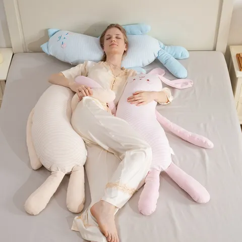 Cute Cartoon Rabbit Long Body Pillow Striped Soft Plush Toy Sleeping Support Pillow For Women Pregnant Home Bedding Decor