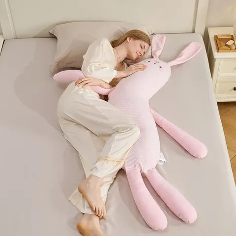 Cute Cartoon Rabbit Long Body Pillow Striped Soft Plush Toy Sleeping Support Pillow For Women Pregnant Home Bedding Decor