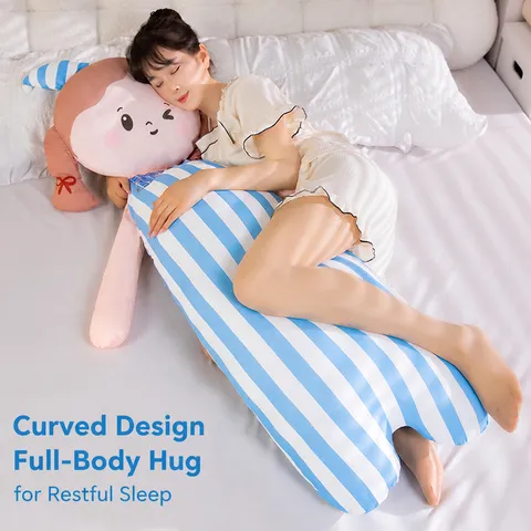 Cute Cartoon Girl Long Body Pillow Ice Silk Cooling Sleeping Pillow Striped Soft Plush Cushion Home Bed Decor
