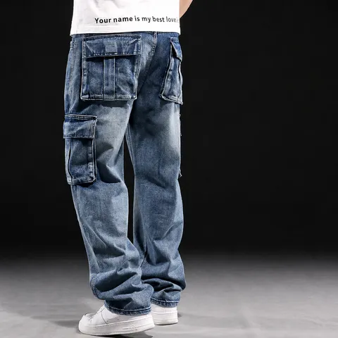 Men's Casual Loose Fit Straight Leg Cargo Jeans Multi Pocket Vintage Washed Denim Trousers Plus Size Streetwear Pants