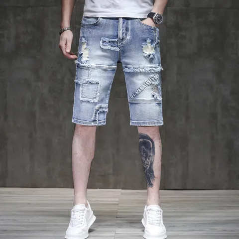 Men's Summer Casual Ripped Denim Shorts High Street Vintage Distressed Slim Fit Stretch Five-Quarter Pants